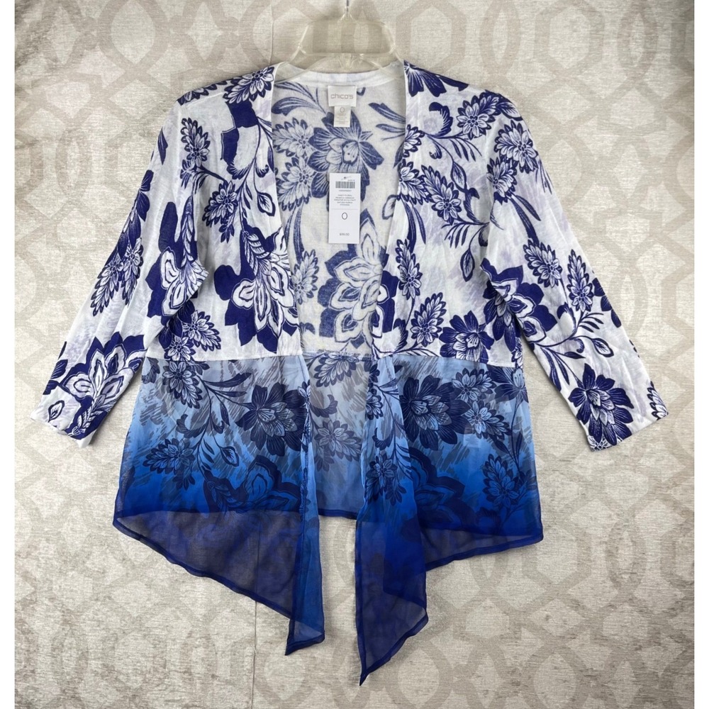 Chico's Prianca Cardigan Womens 0 Small Blue Floral Tie Front Sheer Ombre New